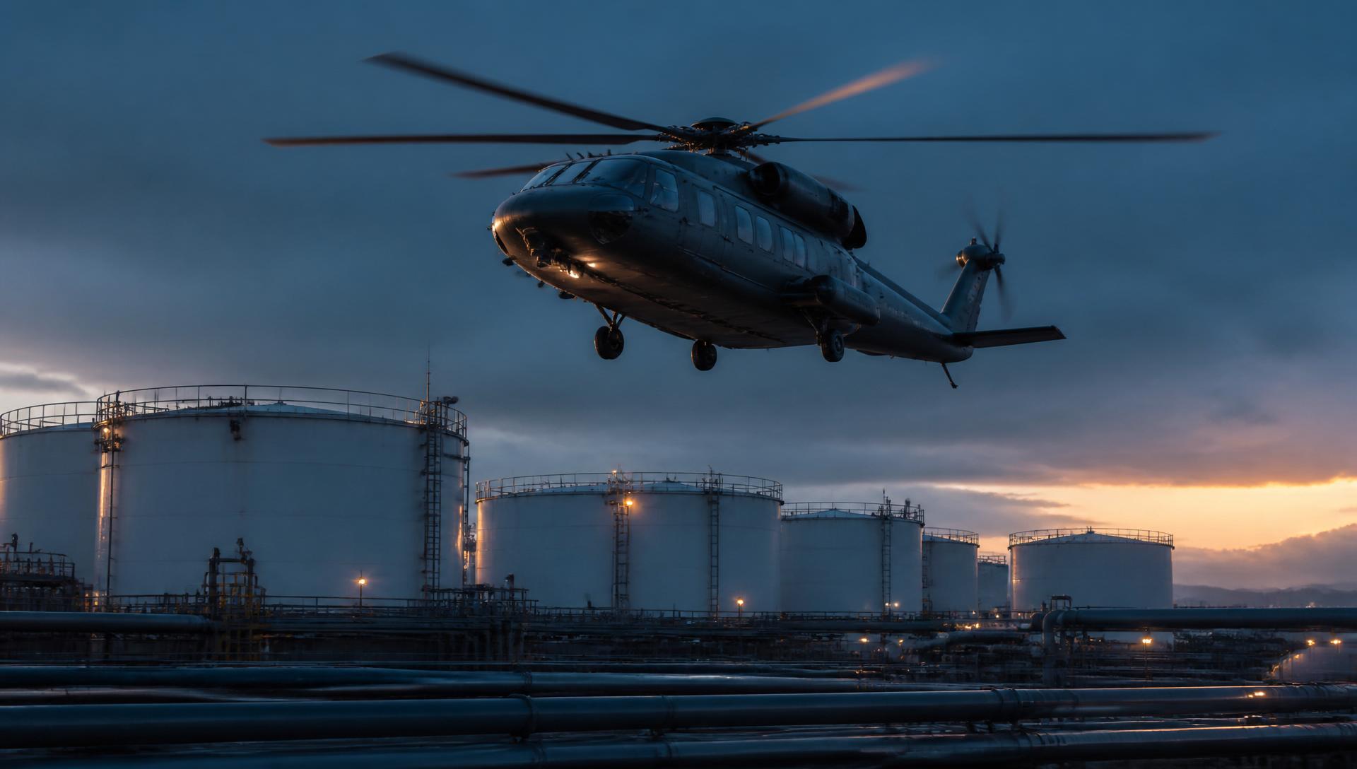 Helicopter over fuel terminal